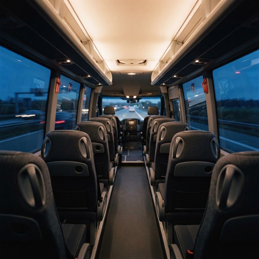 Wnętrze busa: rzędy foteli z zagłówkami