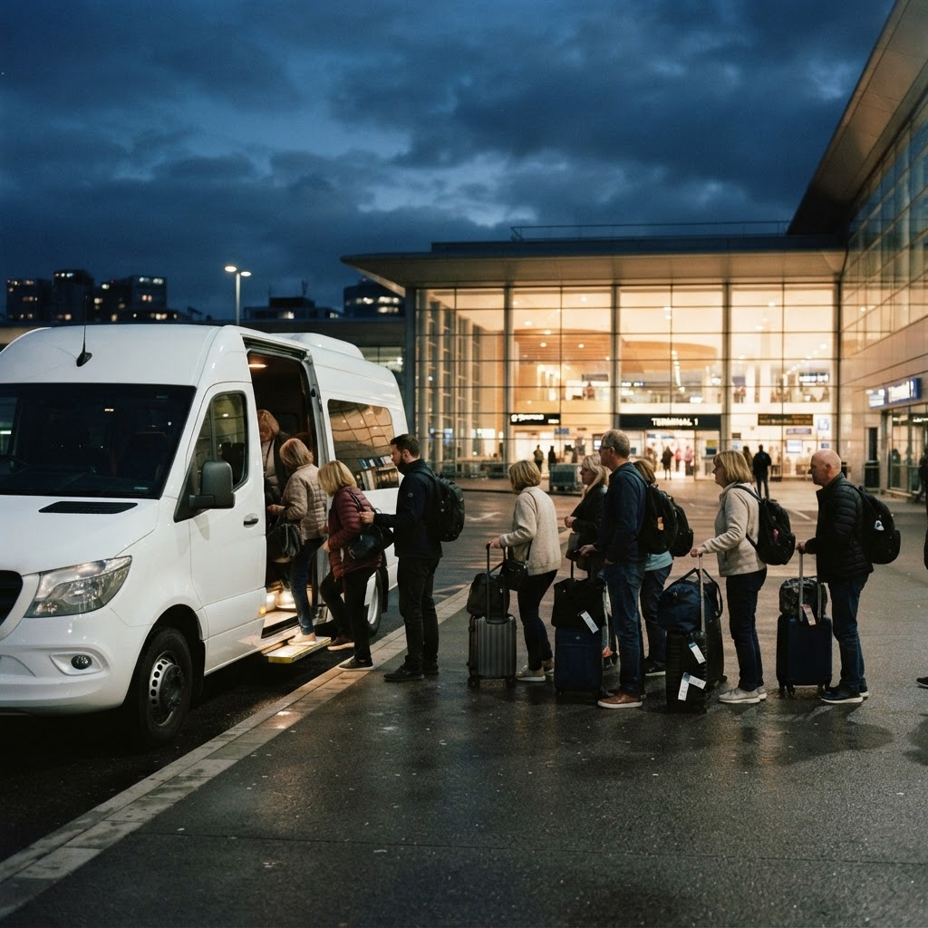 Grupa pasażerów wsiadająca do busa przed terminalem lotniska