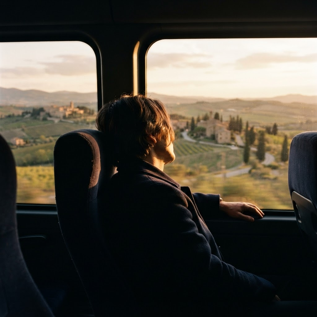 Pasażerka patrząca przez okno busa podczas podróży